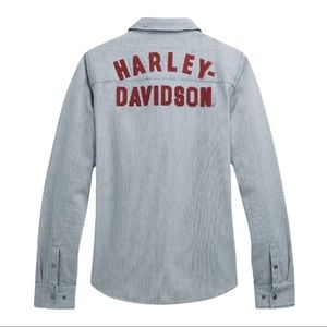 Harley Davidson Railroad Stripe Maroon Embroidered Logo Long Sleeve Shirt